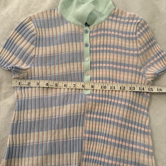 Frayed Denim Ribbed Collared Top Tennis Stripes 80s 90s Preppy Size Large - Picture 9 of 14